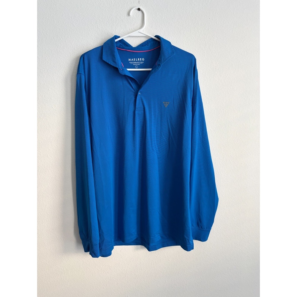 MAELREG Performance Polo Shirt Mens Large Blue Striped Long Sleeve Golf Sport